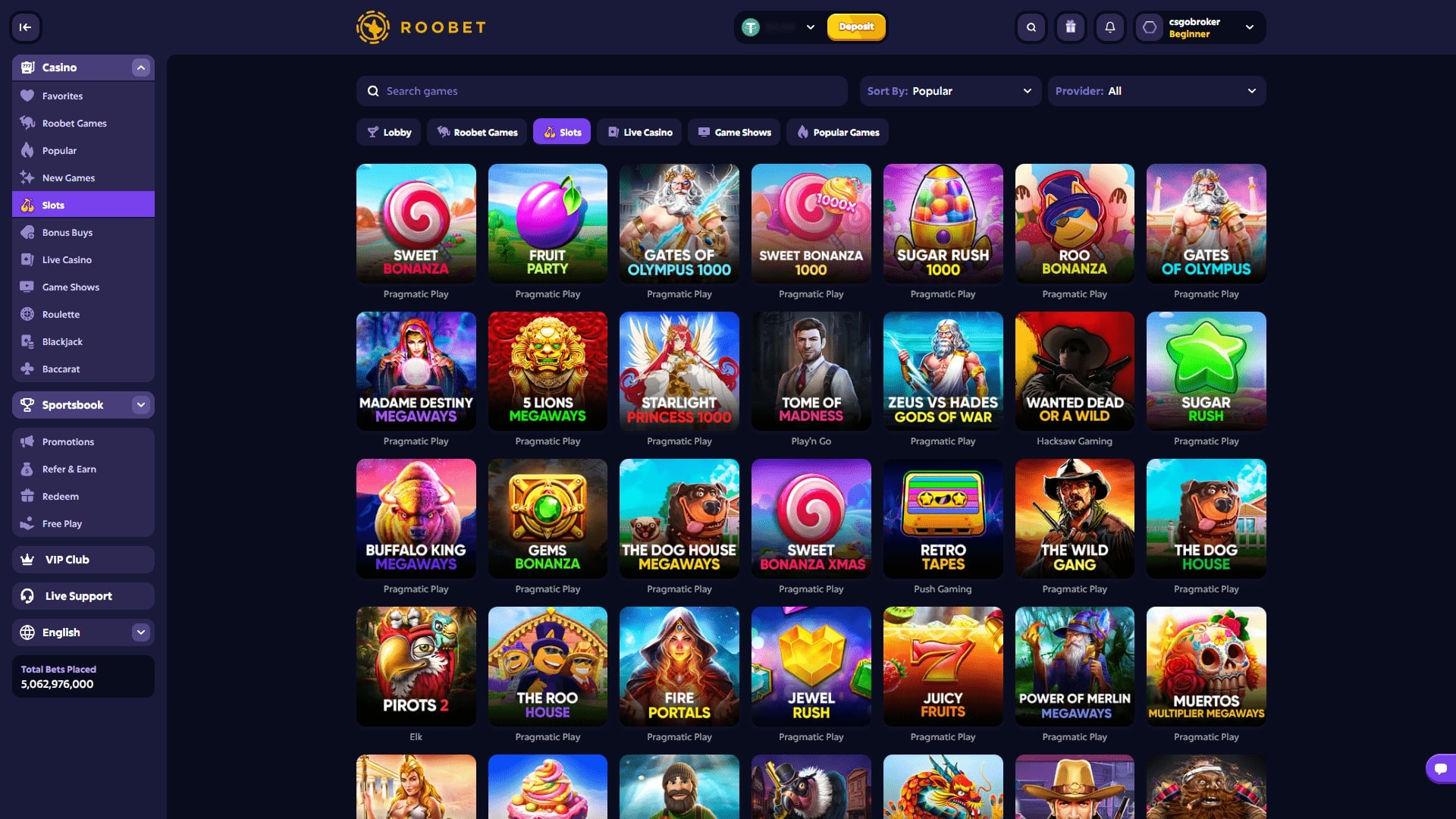 Roobet Slots List ScreenShot