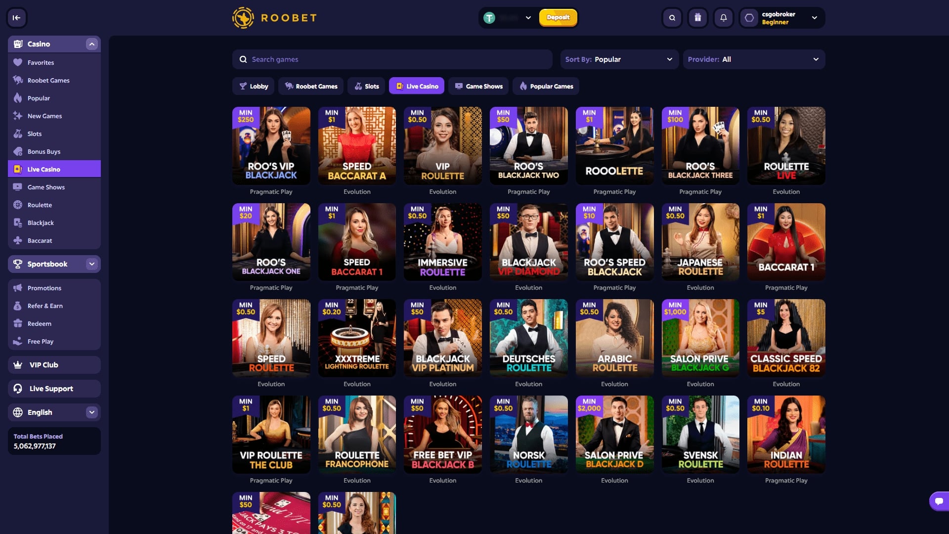 Roobet Live Games ScreenShot